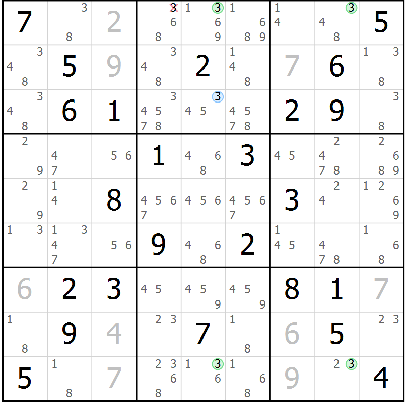 Position des candidats pour la solution de la Gr 23 page 26 du magazine de sudoku Maestro n° 103