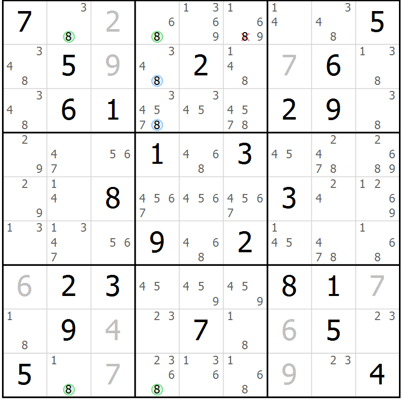 Position des candidats pour la solution de la Gr 23 page 26 du magazine de sudoku Maestro n° 103