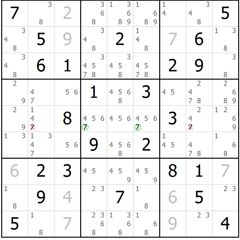 Position des candidats pour la solution de la Gr 23 page 26 du magazine de sudoku Maestro n° 103