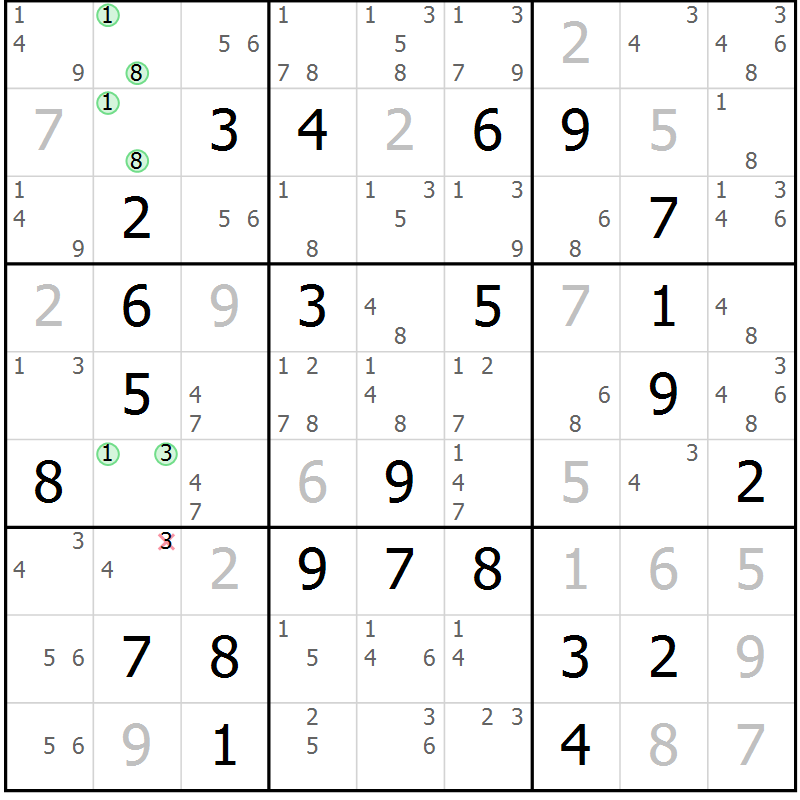 Position des candidats pour la solution de la Gr 25 page 28 du magazine de sudoku Maestro n° 103