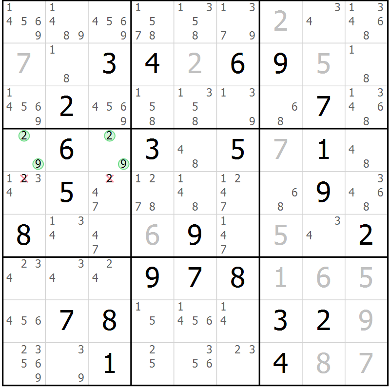 Position des candidats pour la solution de la Gr 25 page 28 du magazine de sudoku Maestro n° 103