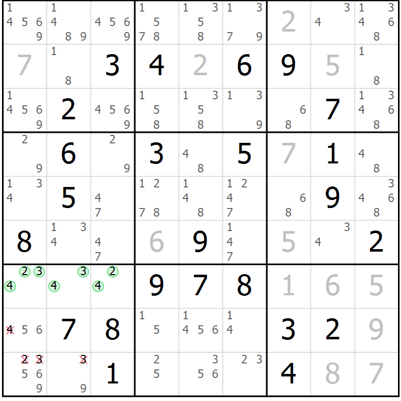 Position des candidats pour la solution de la Gr 25 page 28 du magazine de sudoku Maestro n° 103