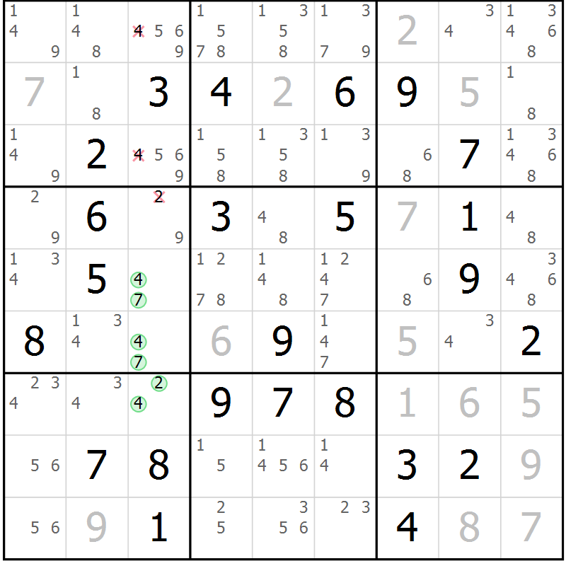 Position des candidats pour la solution de la Gr 25 page 28 du magazine de sudoku Maestro n° 103