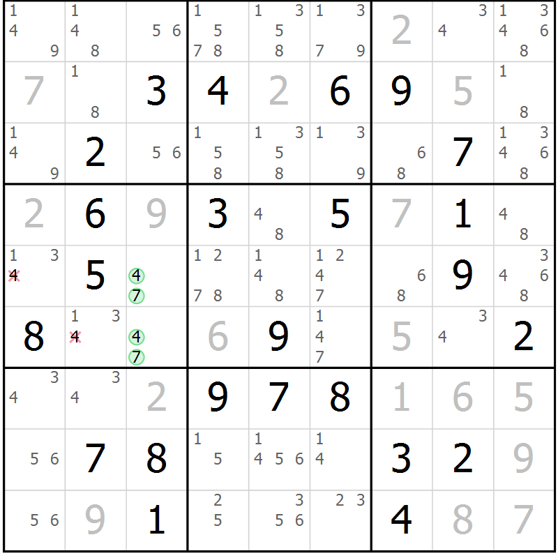 Position des candidats pour la solution de la Gr 25 page 28 du magazine de sudoku Maestro n° 103