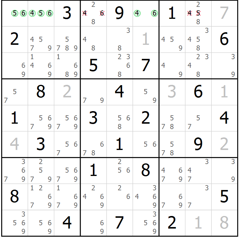 Position des candidats pour la solution de la Gr 28 page 31 du magazine de sudoku Maestro n° 103