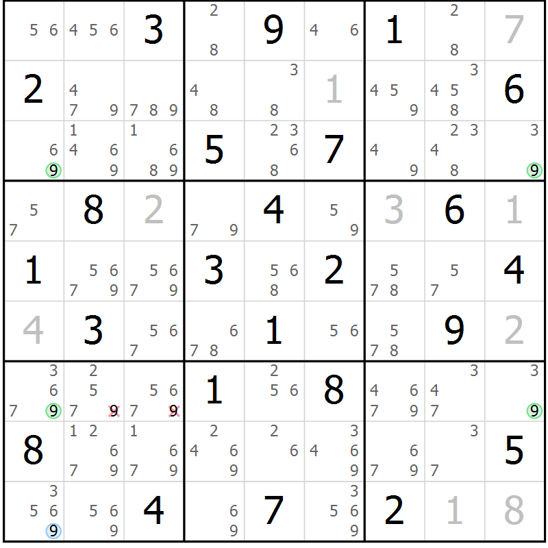 Position des candidats pour la solution de la Gr 28 page 31 du magazine de sudoku Maestro n° 103