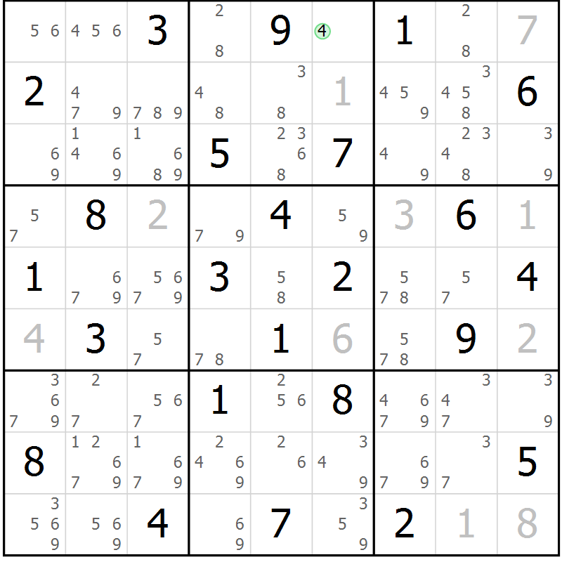 Position des candidats pour la solution de la Gr 28 page 31 du magazine de sudoku Maestro n° 103