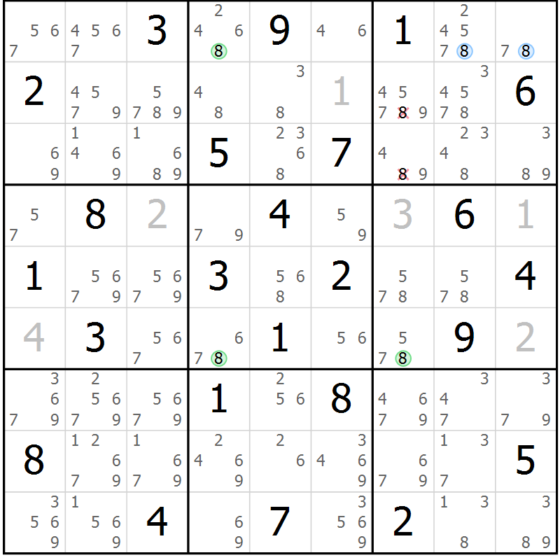 Position des candidats pour la solution de la Gr 28 page 31 du magazine de sudoku Maestro n° 103
