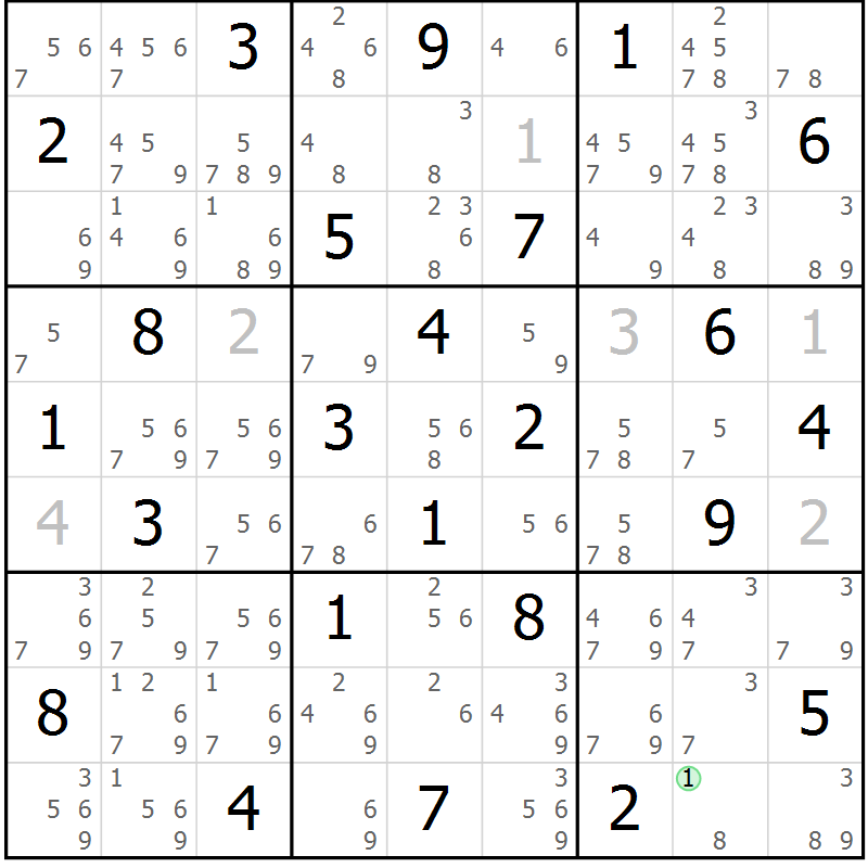 Position des candidats pour la solution de la Gr 28 page 31 du magazine de sudoku Maestro n° 103