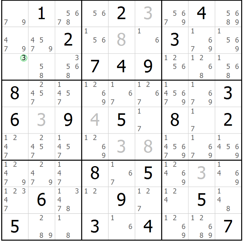 Position des candidats pour la solution de la Gr 29 page 32 du magazine de sudoku Maestro n° 103