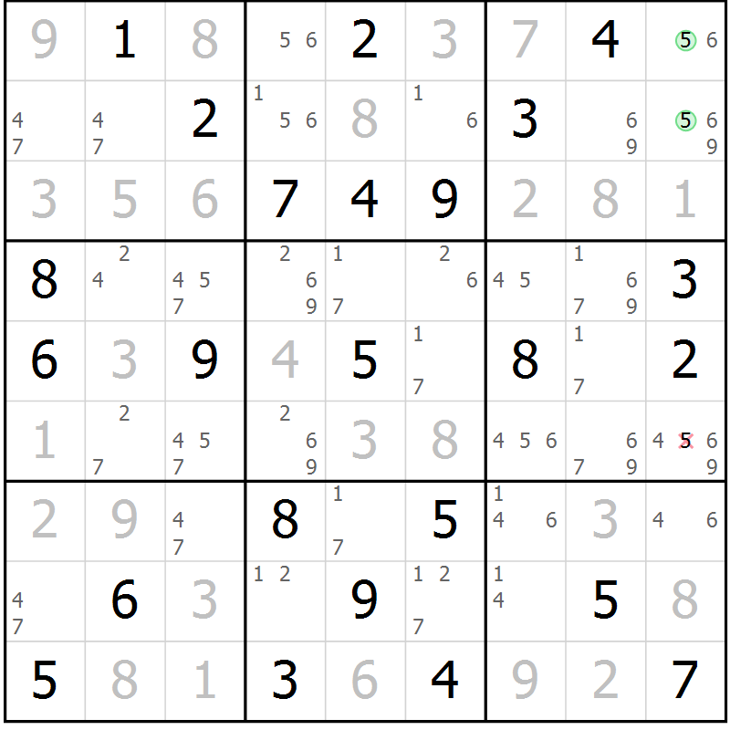 Position des candidats pour la solution de la Gr 29 page 32 du magazine de sudoku Maestro n° 103
