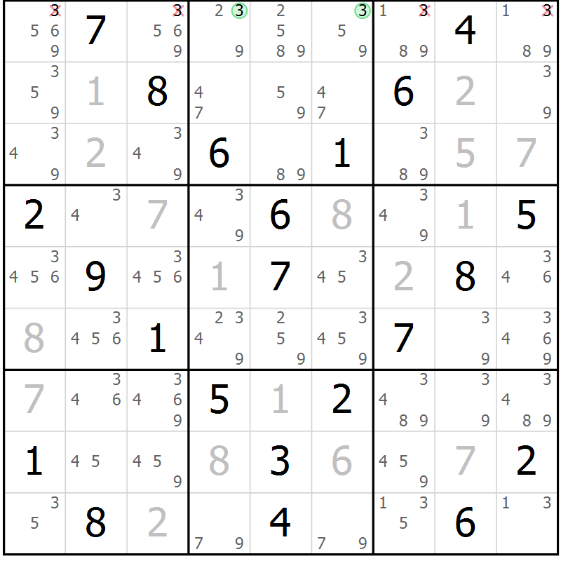 Position des candidats pour la solution de la Gr 3 page 6 du magazine de sudoku Maestro n° 103