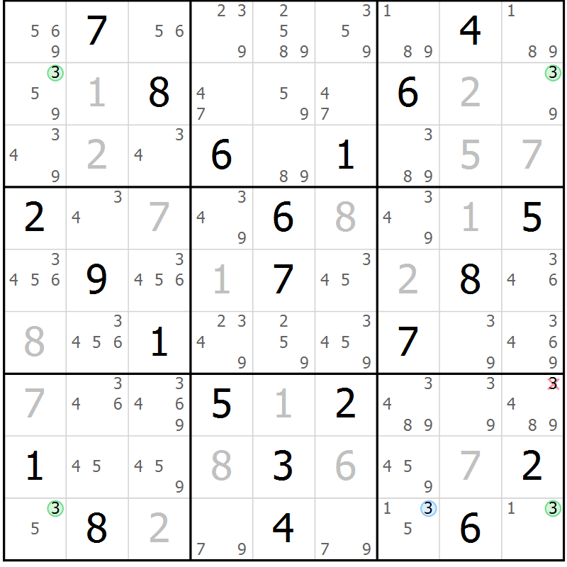 Position des candidats pour la solution de la Gr 3 page 6 du magazine de sudoku Maestro n° 103