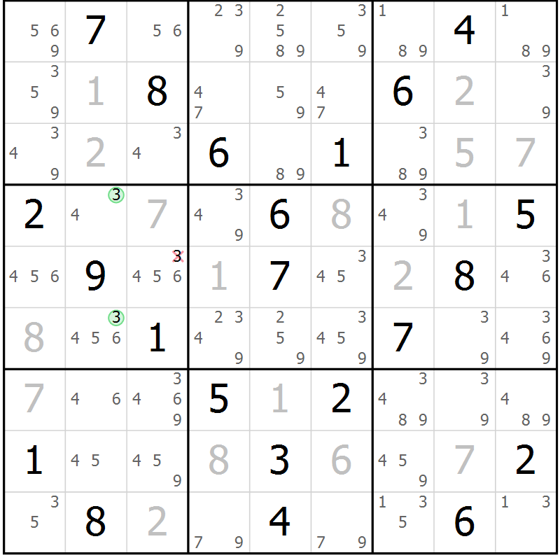 Position des candidats pour la solution de la Gr 3 page 6 du magazine de sudoku Maestro n° 103