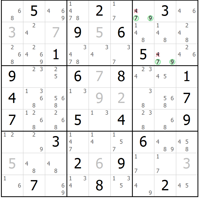 Position des candidats pour la solution de la Gr 30 page 33 du magazine de sudoku Maestro n° 103