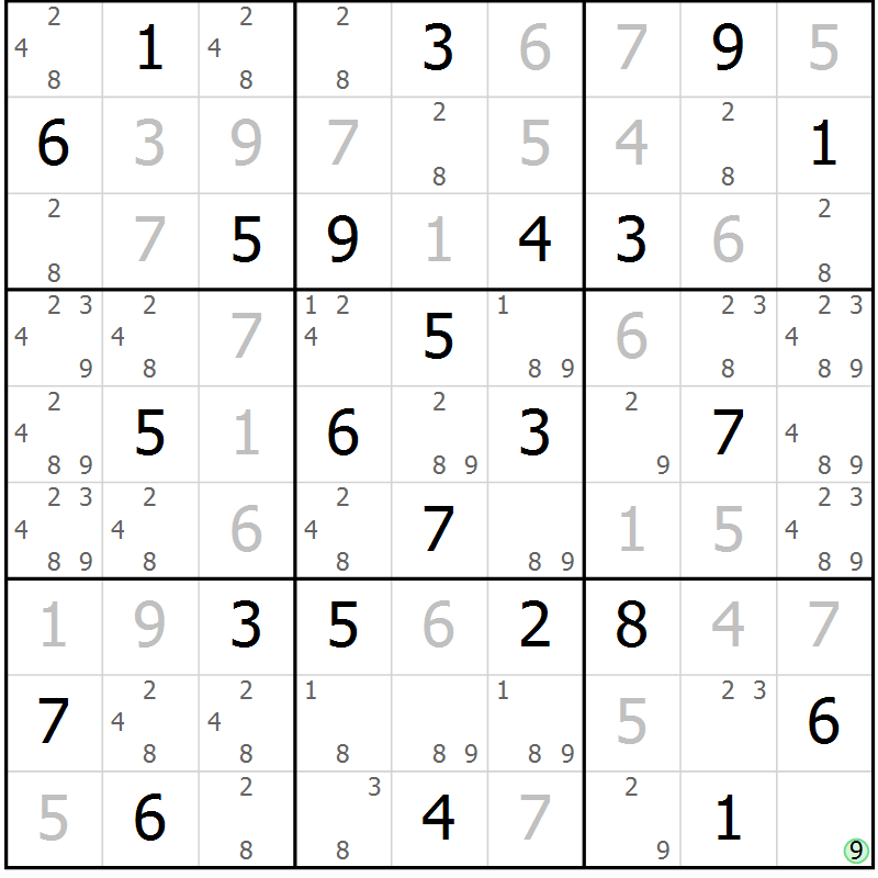 Position des candidats pour la solution de la Gr 33 page 36 du magazine de sudoku Maestro n° 103