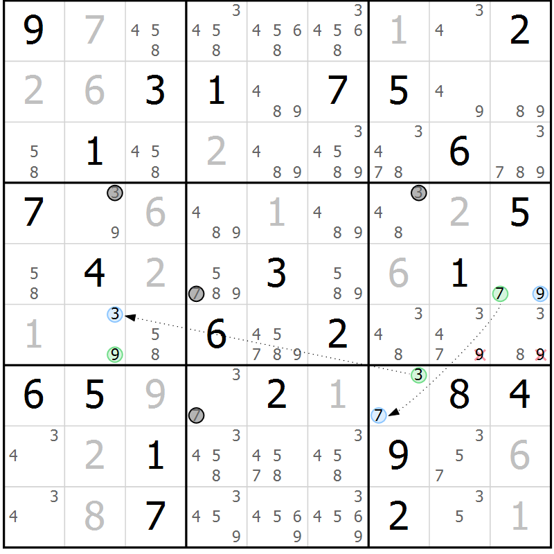 Position des candidats pour la solution de la Gr 34 page 37 du magazine de sudoku Maestro n° 103