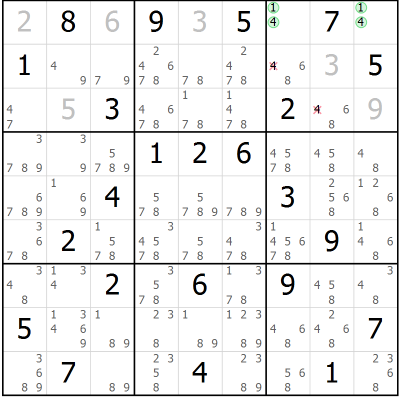 Position des candidats pour la solution de la Gr 35 page 38 du magazine de sudoku Maestro n° 103