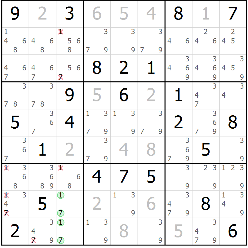 Position des candidats pour la solution de la Gr 39 page 42 du magazine de sudoku Maestro n° 103