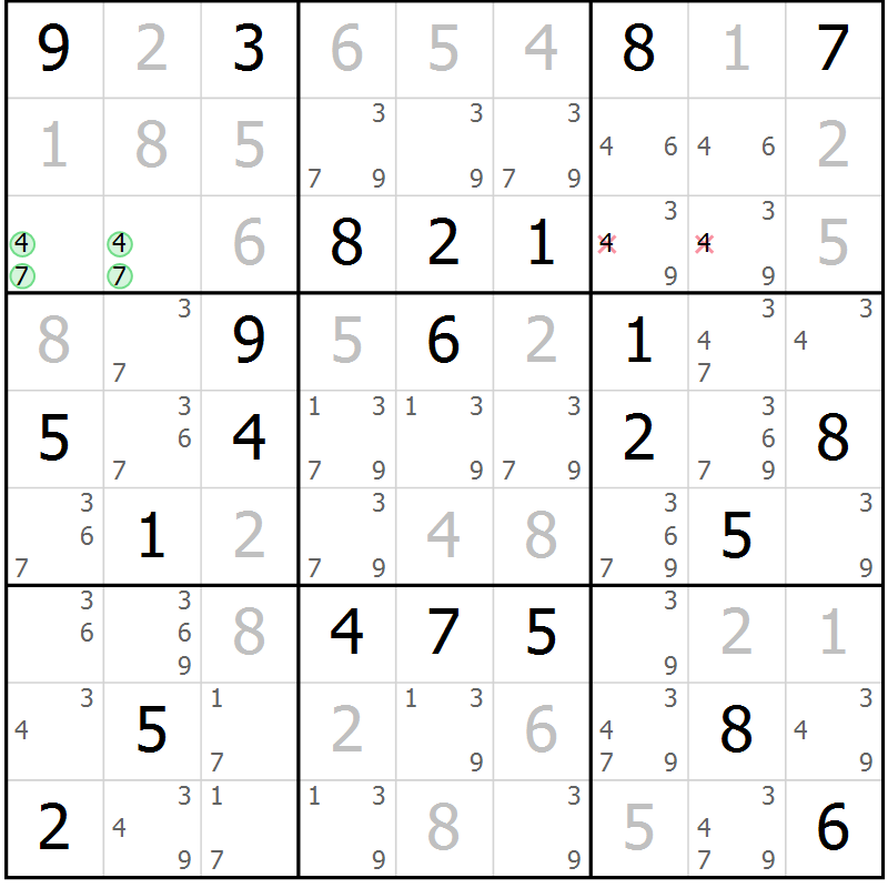 Position des candidats pour la solution de la Gr 39 page 42 du magazine de sudoku Maestro n° 103
