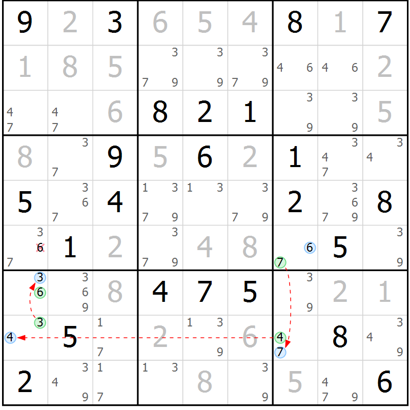Position des candidats pour la solution de la Gr 39 page 42 du magazine de sudoku Maestro n° 103