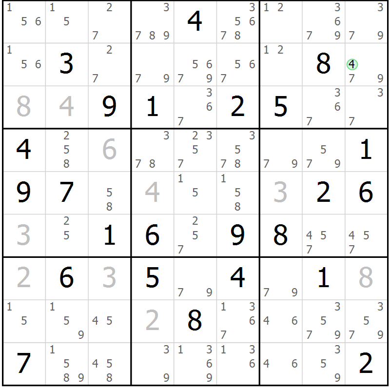 Position des candidats pour la solution de la Gr 40 page 43 du magazine de sudoku Maestro n° 103