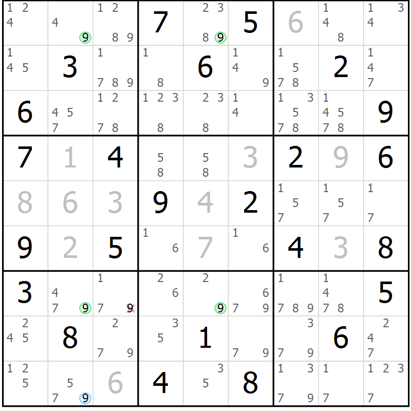 Position des candidats pour la solution de la Gr 42 page 45 du magazine de sudoku Maestro n° 103