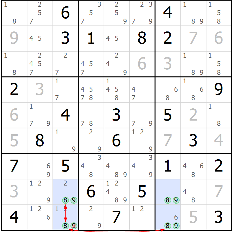 Position des candidats pour la solution de la Gr 43 page 46 du magazine de sudoku Maestro n° 103