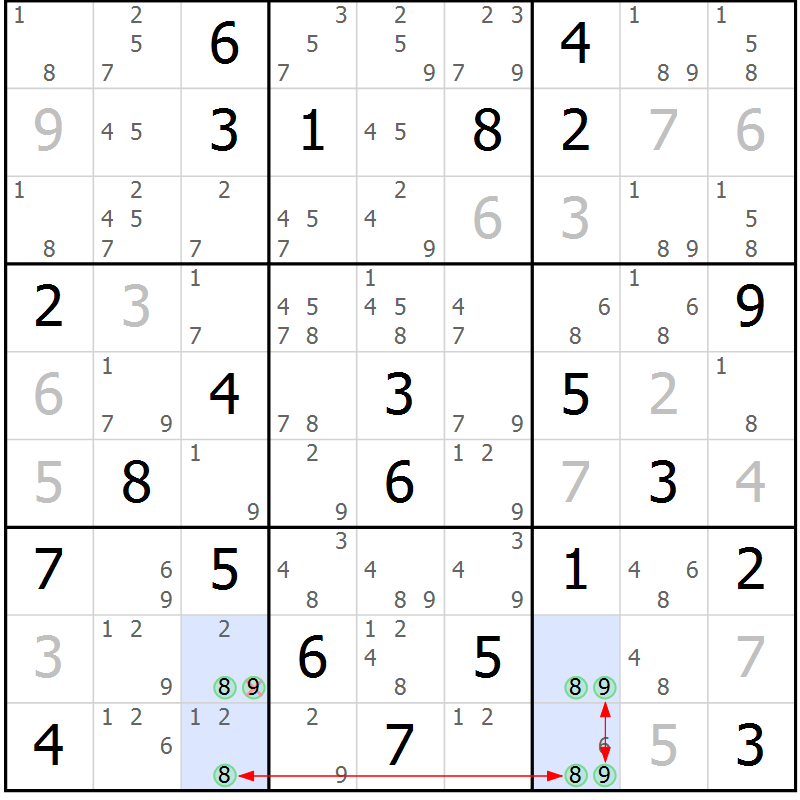 Position des candidats pour la solution de la Gr 43 page 46 du magazine de sudoku Maestro n° 103