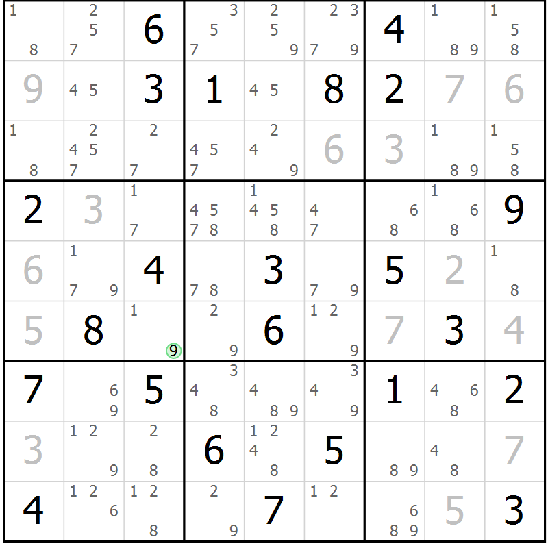 Position des candidats pour la solution de la Gr 43 page 46 du magazine de sudoku Maestro n° 103