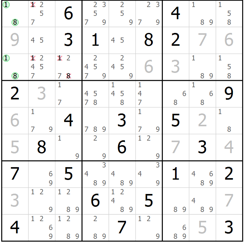 Position des candidats pour la solution de la Gr 43 page 46 du magazine de sudoku Maestro n° 103