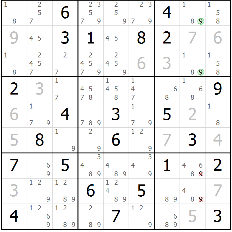 Position des candidats pour la solution de la Gr 43 page 46 du magazine de sudoku Maestro n° 103