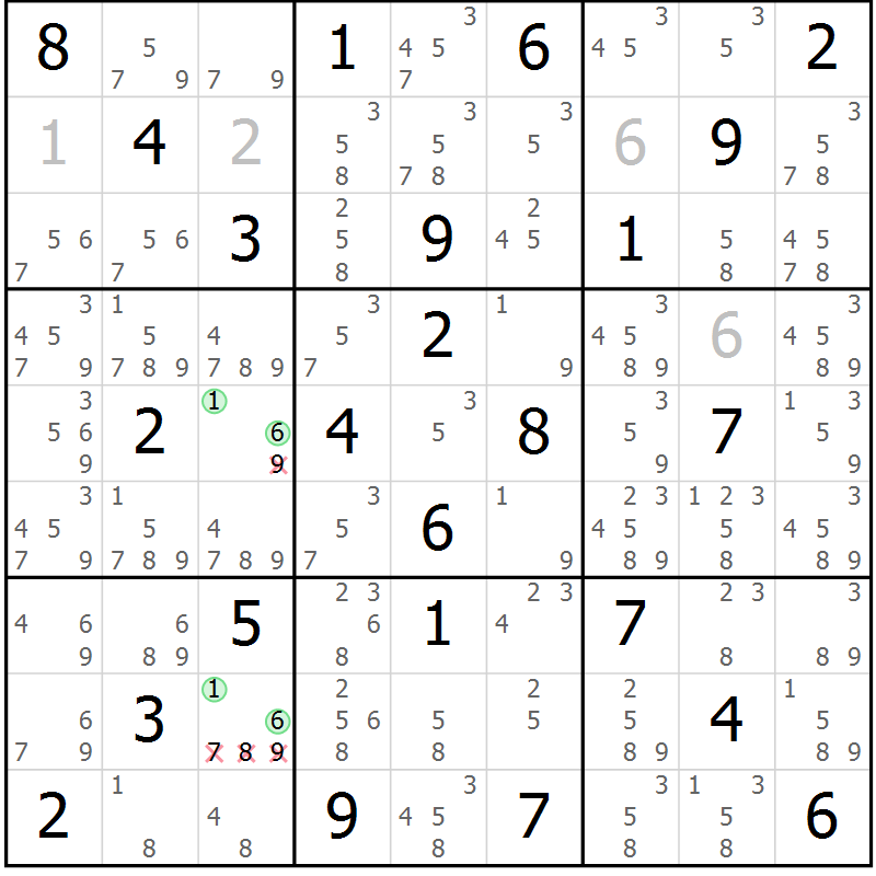 Position des candidats pour la solution de la Gr 44 page 47 du magazine de sudoku Maestro n° 103