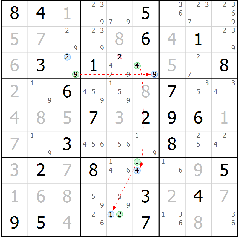 Position des candidats pour la solution de la Gr 45 page 48 du magazine de sudoku Maestro n° 103