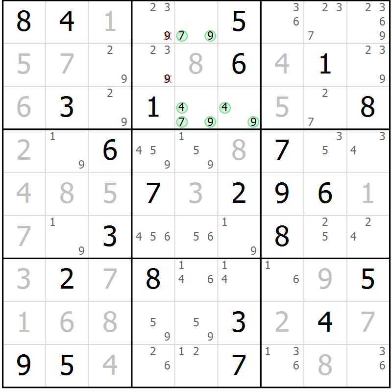 Position des candidats pour la solution de la Gr 45 page 48 du magazine de sudoku Maestro n° 103