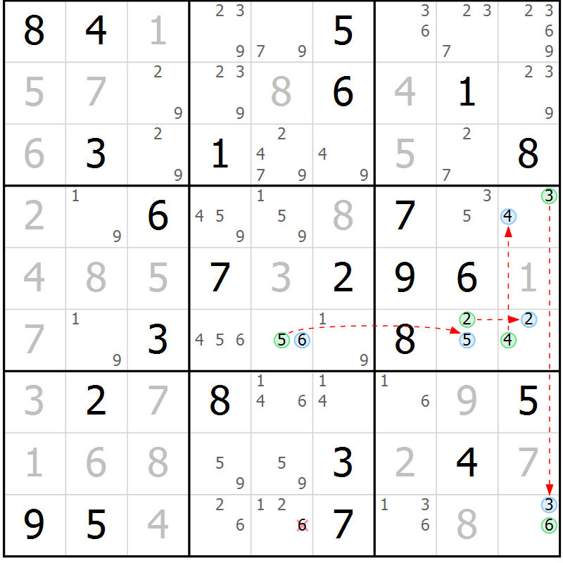 Position des candidats pour la solution de la Gr 45 page 48 du magazine de sudoku Maestro n° 103