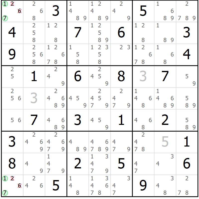 Position des candidats pour la solution de la Gr 46 page 49 du magazine de sudoku Maestro n° 103
