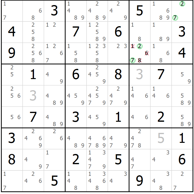 Position des candidats pour la solution de la Gr 46 page 49 du magazine de sudoku Maestro n° 103