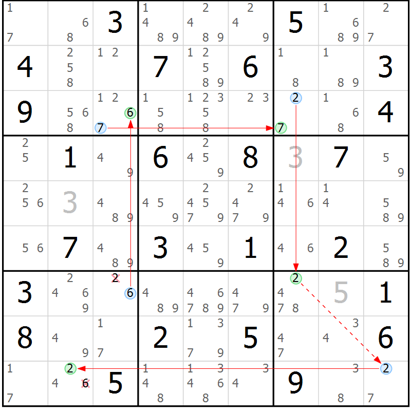 Position des candidats pour la solution de la Gr 46 page 49 du magazine de sudoku Maestro n° 103