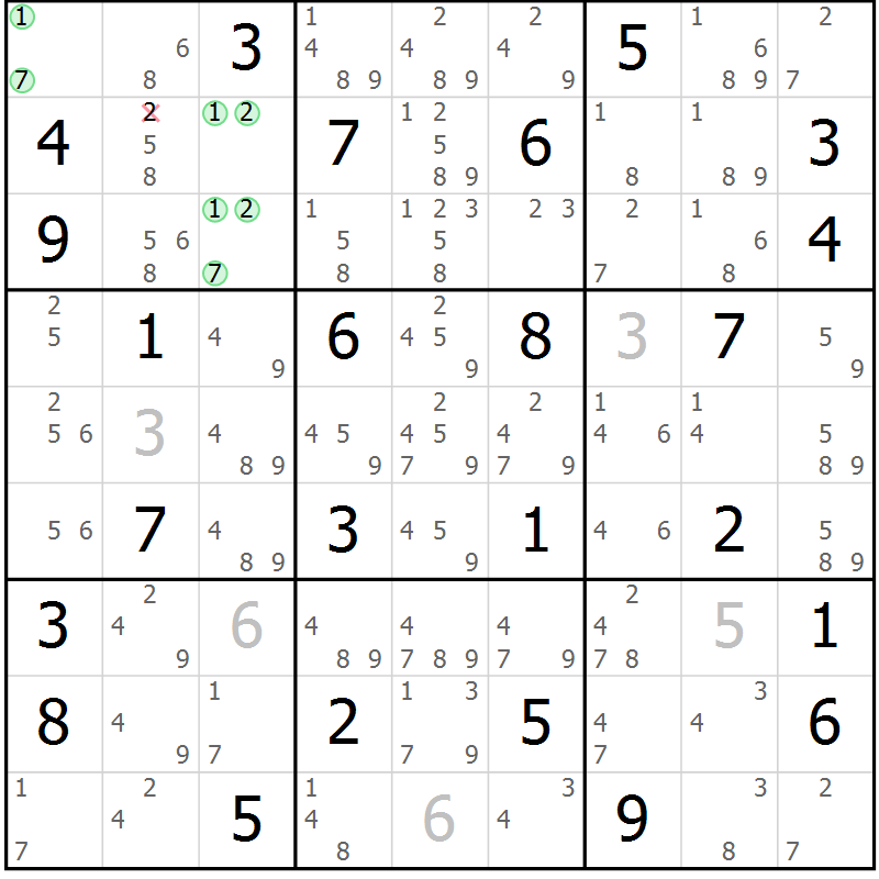 Position des candidats pour la solution de la Gr 46 page 49 du magazine de sudoku Maestro n° 103