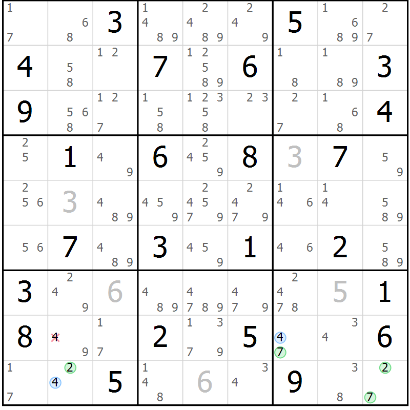 Position des candidats pour la solution de la Gr 46 page 49 du magazine de sudoku Maestro n° 103