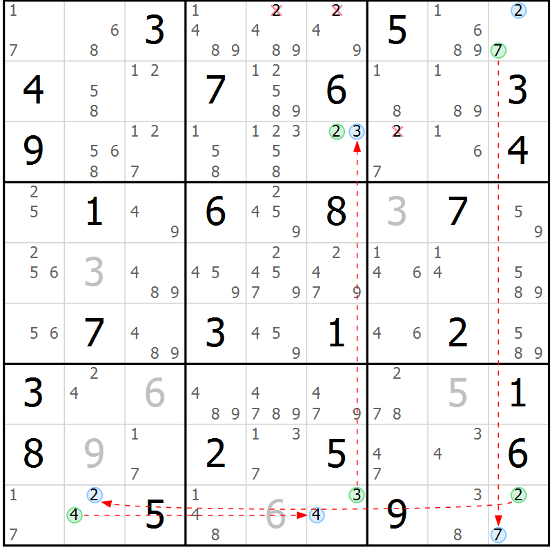 Position des candidats pour la solution de la Gr 46 page 49 du magazine de sudoku Maestro n° 103