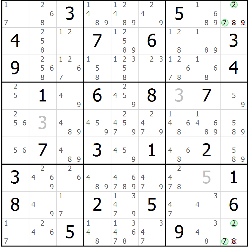 Position des candidats pour la solution de la Gr 46 page 49 du magazine de sudoku Maestro n° 103