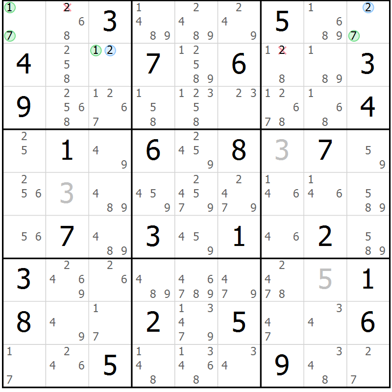 Position des candidats pour la solution de la Gr 46 page 49 du magazine de sudoku Maestro n° 103