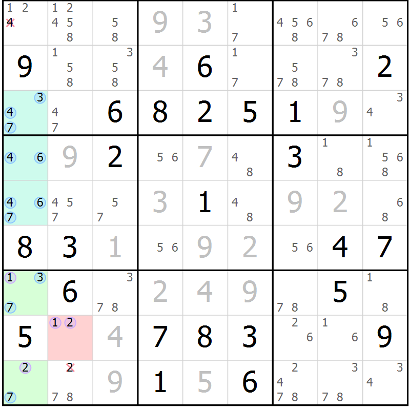 Position des candidats pour la solution de la Gr 49 page 52 du magazine de sudoku Maestro n° 103