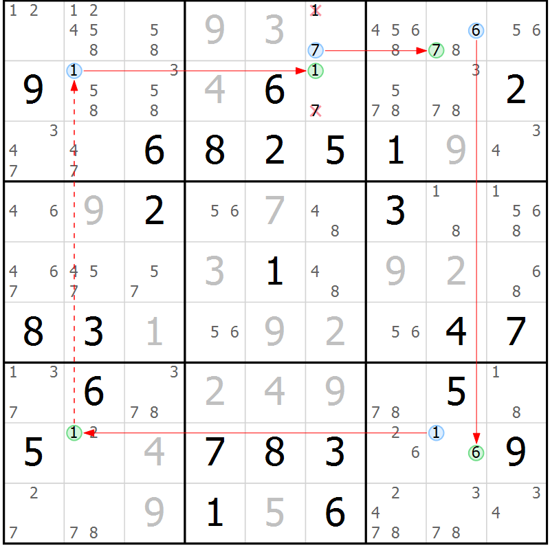 Position des candidats pour la solution de la Gr 49 page 52 du magazine de sudoku Maestro n° 103