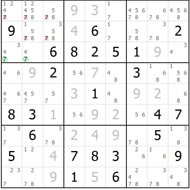 Position des candidats pour la solution de la Gr 49 page 52 du magazine de sudoku Maestro n° 103