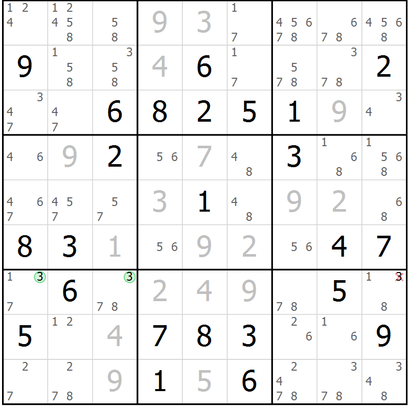 Position des candidats pour la solution de la Gr 49 page 52 du magazine de sudoku Maestro n° 103