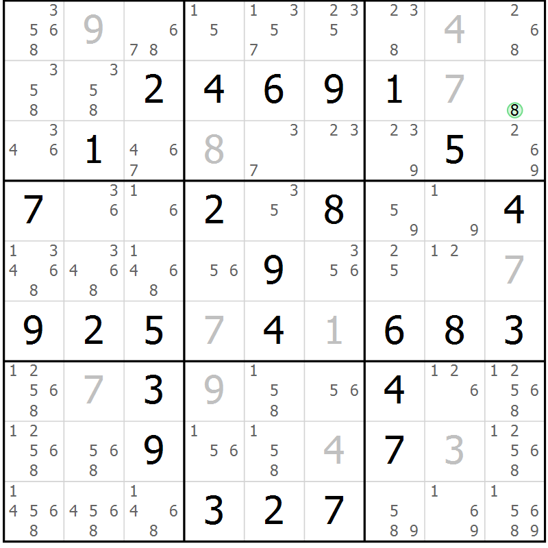 Position des candidats pour la solution de la Gr 5 page 8 du magazine de sudoku Maestro n° 103