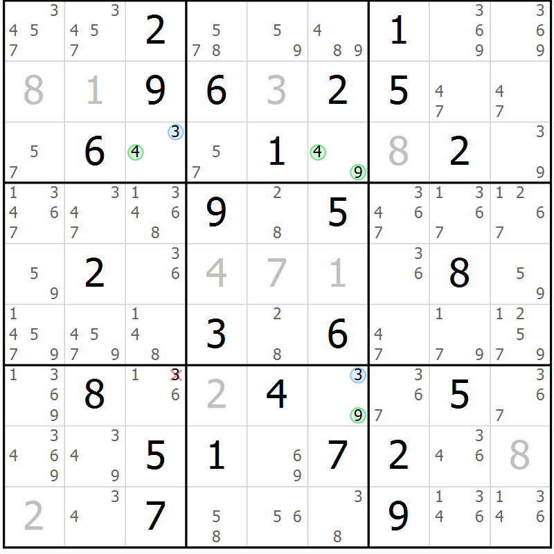 Position des candidats pour la solution de la Gr 50 page 53 du magazine de sudoku Maestro n° 103